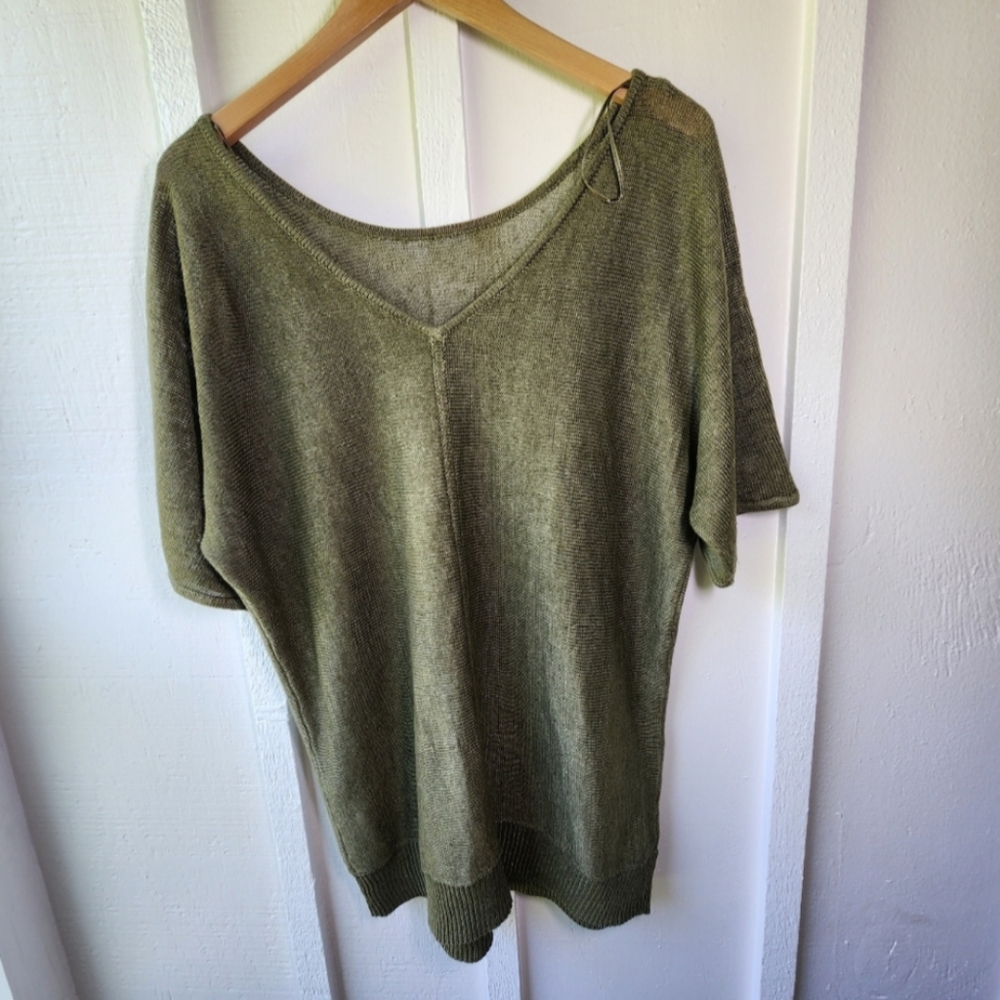 Talbots 100% Linen Olive Green Knit Blouse